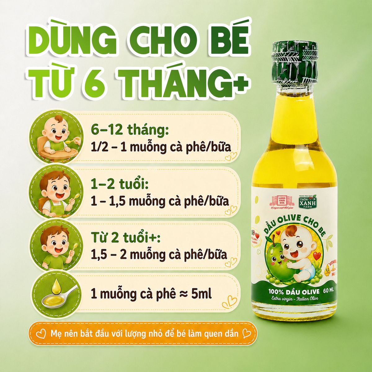 Dầu Olive Nguyên Chất Thôn Xanh Chai 60ml Ép Lạnh Từ ITALIAN OLIVE cho bé ăn dặm Làng Chài Xưa Dầu Olive Nguyên Chất Thôn Xanh Chai 60ml Ép Lạnh Từ ITALIAN OLIVE cho bé ăn dặm Làng Chài Xưa