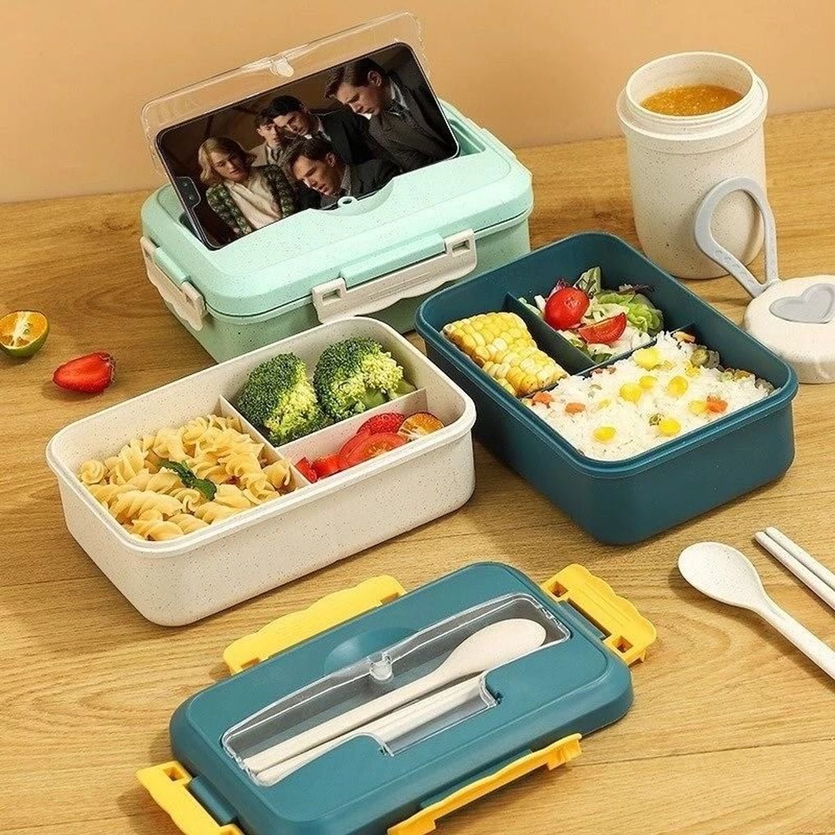 Hộp cơm lúa mạch 3 ngăn kèm đũa thìa NHỰA Lunch Box Hộp cơm lúa mạch 3 ...