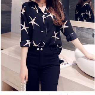 Áo sơ mi họa tiết sao biển nền đen sale 85000đ