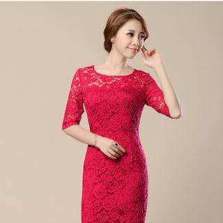 đầm ren hoa đỏ tay lỡ- dt16 - e200