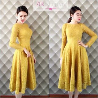 Đầm tùng xòe ren hoa cổ tròn tay dài