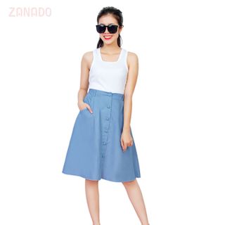 Chân váy xòe denim nút bọc