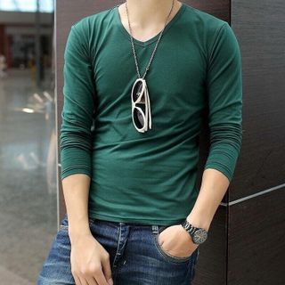 Aó thun nam body cổ tim tay dài