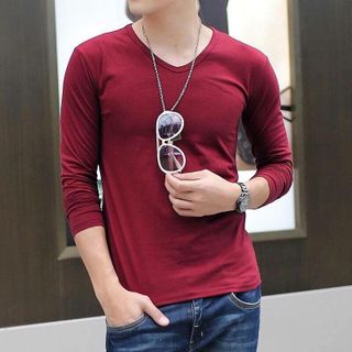 Aó thun nam body cổ tim tay dài
