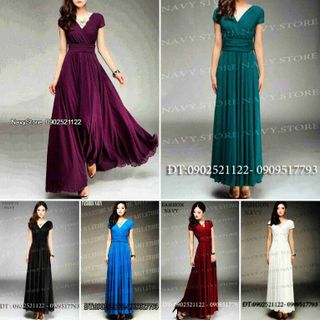 Đầm maxi nhún eo đắp chéo