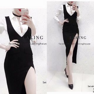 Set yếm váy xẻ dài kèm áo sơ mi -