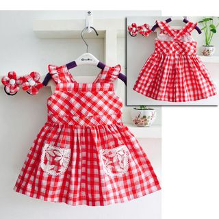 A23758 - đầm caro 2 túi ren hở lưng dây buộc tóc oshkoshsize 1-8