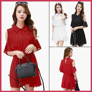 Đầm voan cổ sơ mi vai cut out 1827