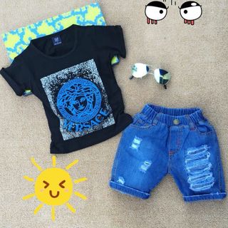 A24332 - bộ bé trai áo thun versace phối quần jean cào ráchsize 1-8
