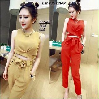 Set áo croptop chéo eo quần dài nơ hq giá sỉ