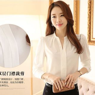 Áo sơ mi trắng cổ trụ v thanh lịch - tp909 - sale 85000đ