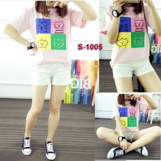 Áo thun nữ trắng hồng 4 ô vuông mèo