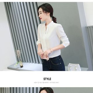Áo sơ mi trắng cổ trụ v thanh lịch - tp909 - sale 85000đ