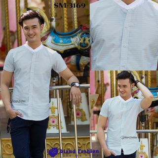 Áo sơ mi trắng phối tay xanh form body bland fashion giá sỉ