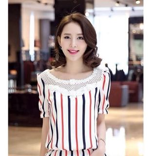 Áo kiểu sọc phối ren bo eo
