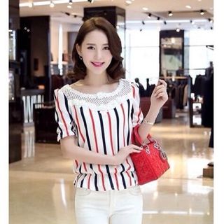 Áo kiểu sọc phối ren bo eo