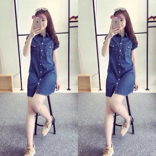 d2436 đầm jean sơ mi phối nút giá sỉ