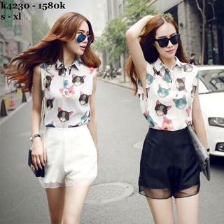 sb2495 set áo sơ mi in mèo quần short giá sỉ