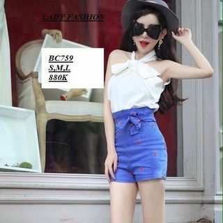 Set bộ áo voan cổ yếm bèo quần short lưng cao họa tiết cherry giá sỉ