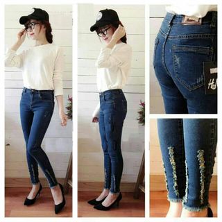 Quần jean nữ 2 da lưng cao rách ốnghm805