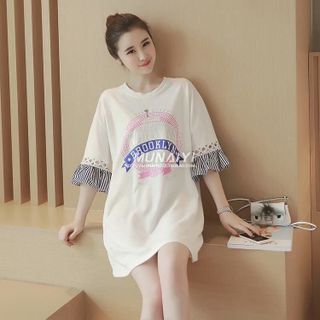 d15146 đầm suông tay phối voan bèo in chữ nổi sỉ 110k lẻ 210k chất thun cotton giá sỉ