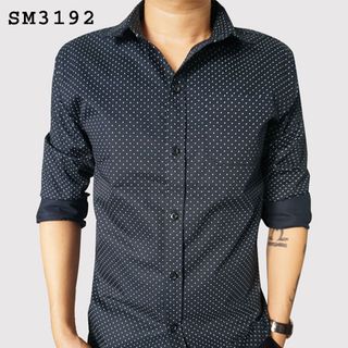 Sơ mi nam tay dài đen chấm bi trắng