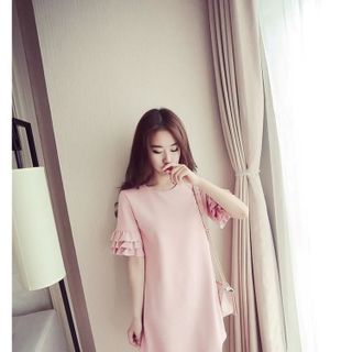 7616 đầm xòe form rộng tay xếp ly