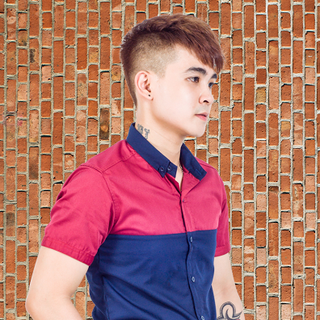 Áo sơ mi body đỏ phối xanh đen s159