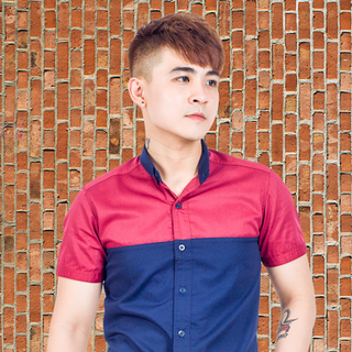 Áo sơ mi body đỏ phối xanh đen s159