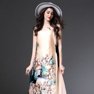 đầm voan 2 lớp xẻ tà hoa sakura