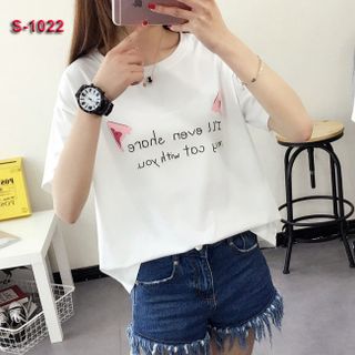 S-1019 áo thun nữ trắng tay lỡ chữ diamond