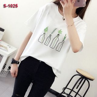 S-1019 áo thun nữ trắng tay lỡ chữ diamond