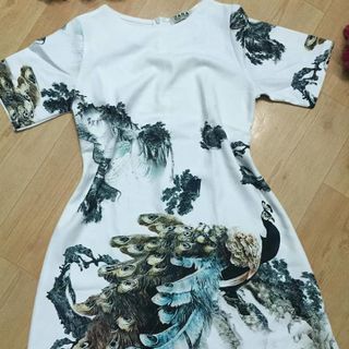 Đầm suông ray con in công xanh
