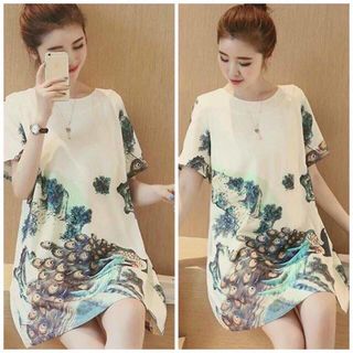 Đầm suông ray con in công xanh
