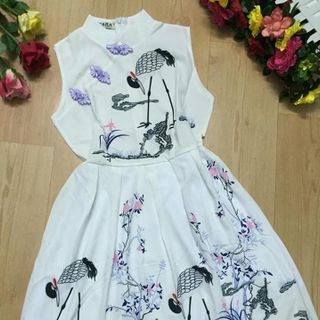 Đầm xòe voan họa tiết hạc siêu đẹp