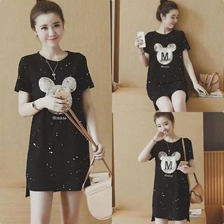 Đầm thun cotton dày dặn in chuột mickey nổi
