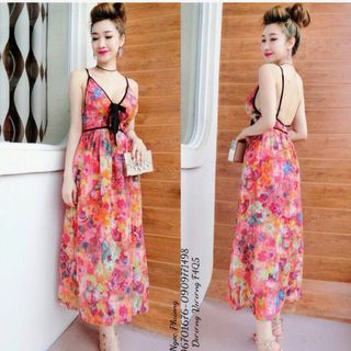 Maxi voan hoa hai dây phối nơ ngực cực yêu