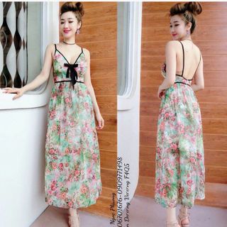 Maxi voan hoa hai dây phối nơ ngực cực yêu