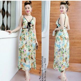 Maxi voan hoa hai dây phối nơ ngực cực yêu
