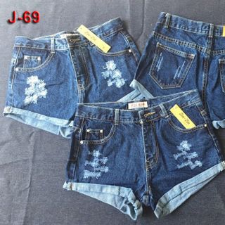 J-69 quần short jean nữ rách cào xanh đậm