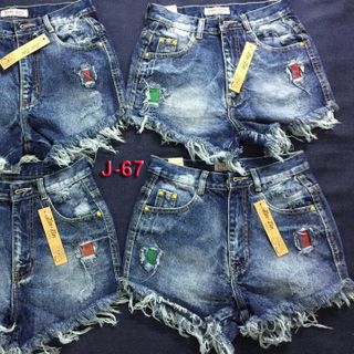 J-69 quần short jean nữ rách cào xanh đậm