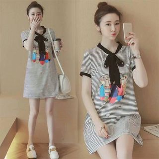 Đầm thun cotton in hình phối nơ cổ