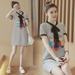 Đầm thun cotton in hình phối nơ cổ