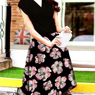 Set áo nhúng cổ xéo váy hoa đenhm1246