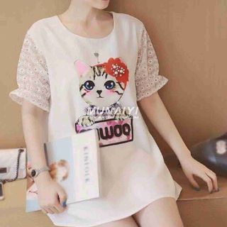 Đầm suông tay ren in hình mèo