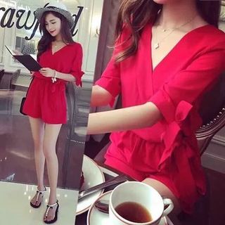 Jump short đỏ tay nơ chất cát hàn dày dặn mịn đẹp