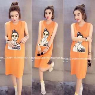 Đầm thun cotton sát nách in hình cực yêu
