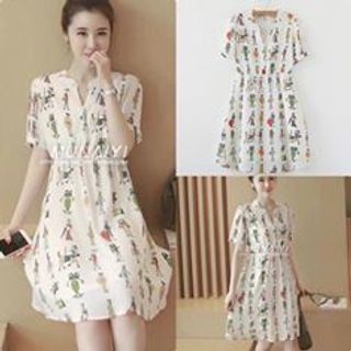 Đầm voan in họa tiết người phối cổ trụ cực yêu