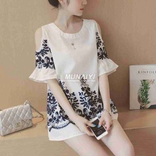 Đầm rớt vai in hoa văn
