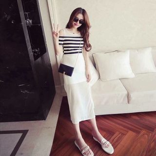 Set áo sọc chân váy xẻ